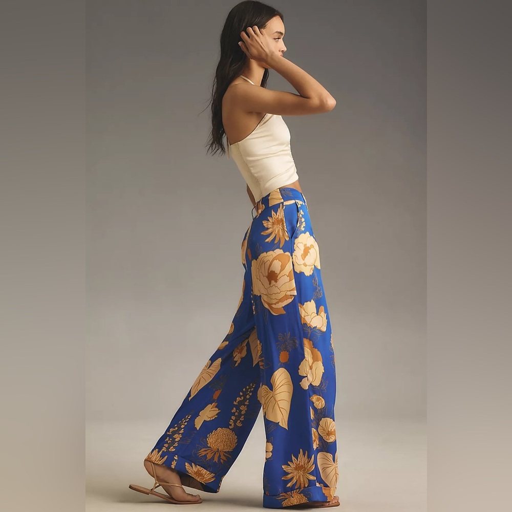 FARM Rio Blue Wide-Leg Floral Pants with Yellow/Gold Blooms - Picture 3 of 10